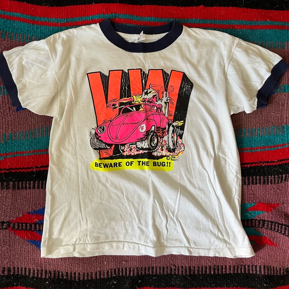 White and Pink Graphic T-Shirt vintage 1968 Volkswagen ringer tee